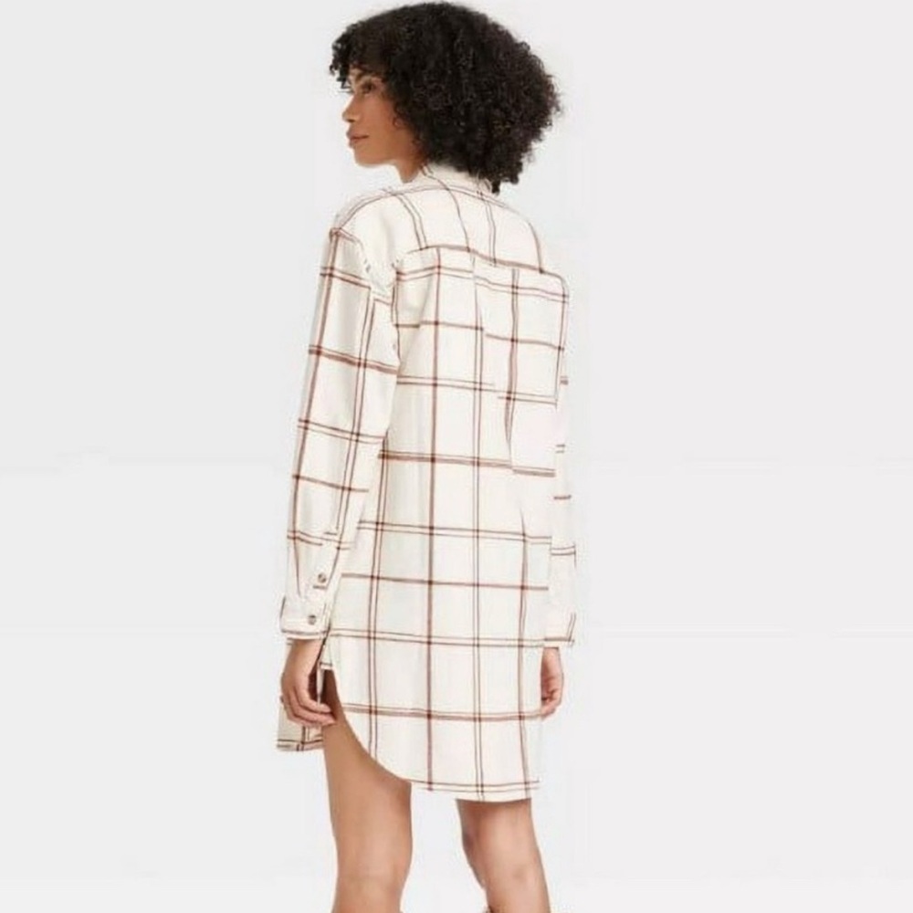 Universal Threads White & Brown Plaid Button Down Shirt Dress 100% Cotton Size S - Picture 2 of 13